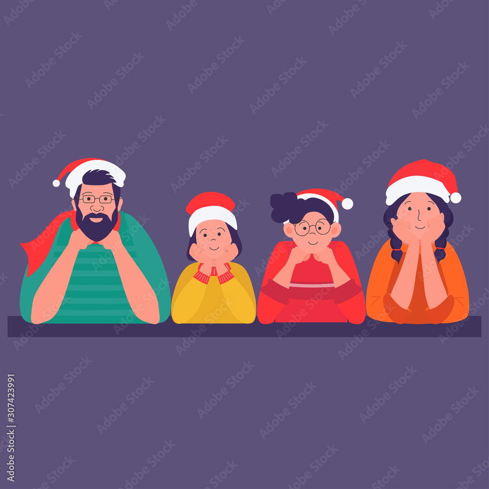 Happy family on Christmas day posing for portrait with Santa Claus hats. Vector illustration can use for greeting card, banner, poster, web page Happy family on Christmas day posing for portrait with Santa Claus hats. Vector illustration can use for greeting card, banner, poster, web page