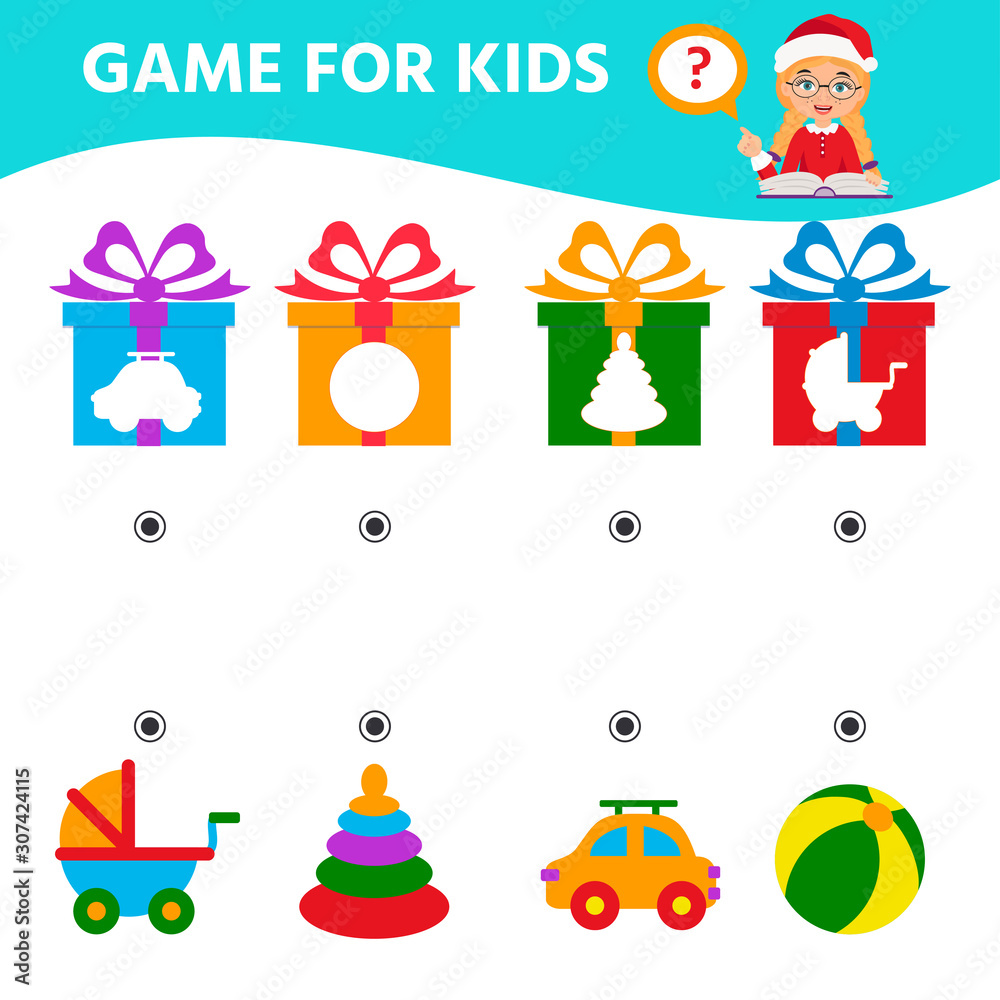 Fototapeta premium Game for children. Educational worksheet for preschool kids. Find a match what's in the gift box. Christmas, new year theme.