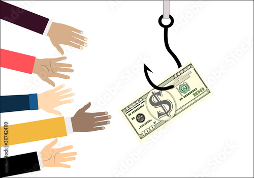 Hands reaching out to get money on the fish hook. Deception, a trap on the hook and hands stretching for help. Illustration in flat style.