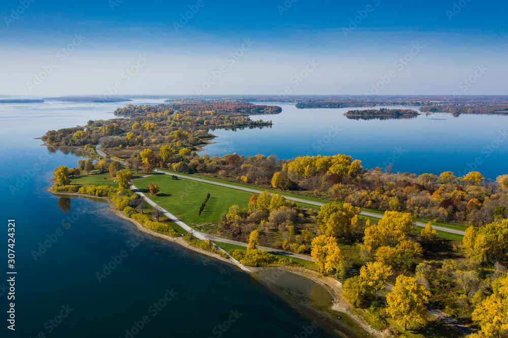 Autumn aerial view of St.Lawrence Park in the thousand islands, Canada
