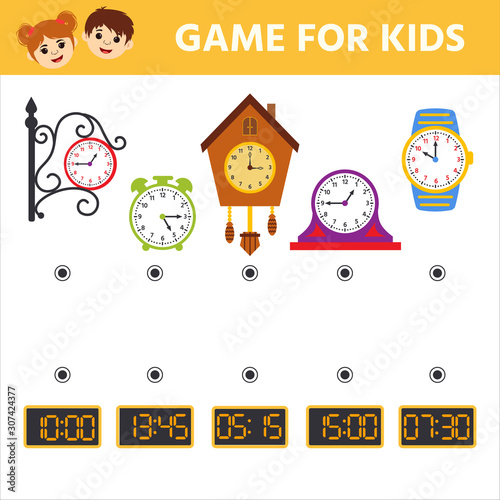 Game for children. Educational worksheet for preschool kids. Puzzle with clock and numbers. What time is it? Vector illustration