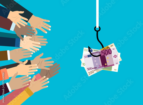 Hands reaching out to get money on the fish hook. Deception, a trap on the hook and hands stretching for help. Illustration in flat style.