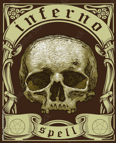 vector image of a skull in a vintage niche with an inferno inscription in the style of medieval book graphics engraving