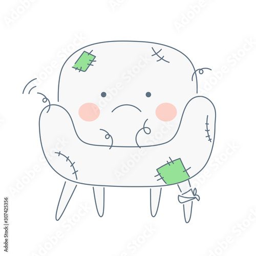 Old tired and broken funny armchair with cute cartoon face and with sticking springs. 404 icon, old age concept, shabby furniture vector on white background.