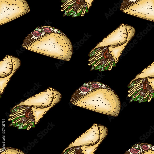 Vector hand drawn seamless pattern of fast food, gyros and taco on black background.