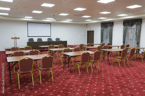 фотографія Prepared conference room for guests, with red carpet, clean, cozy, bright