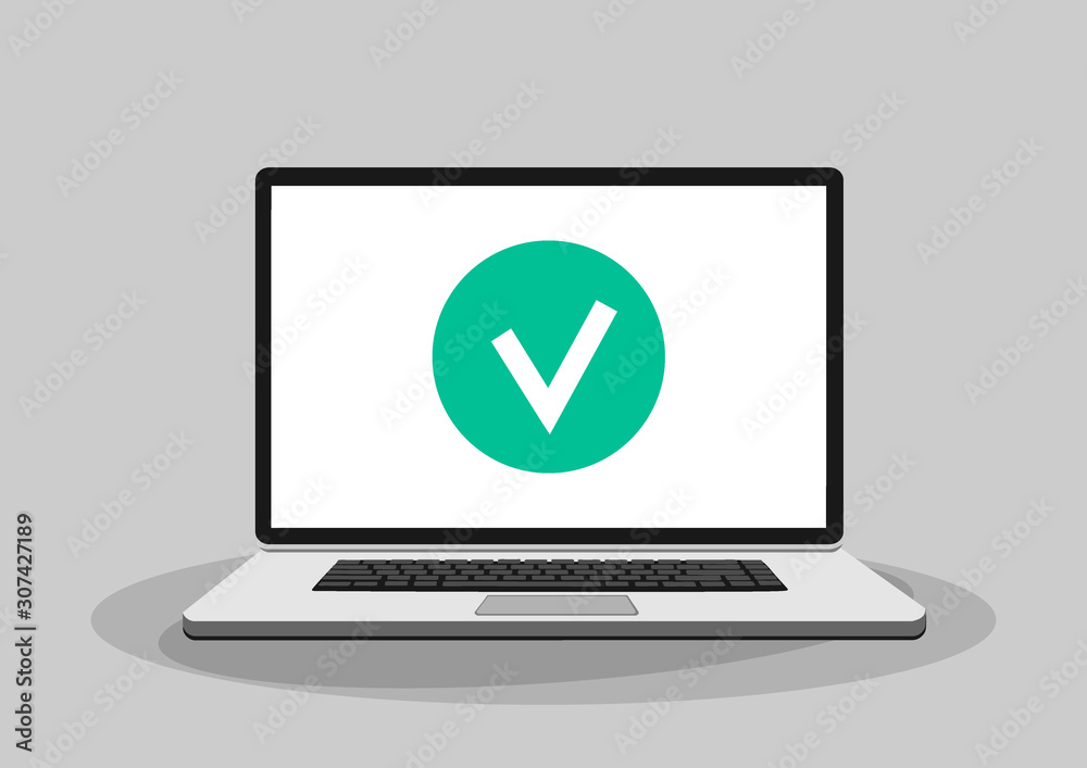 Laptop and check mark. Notebook and round green tick icon, checkmark on white screen. Successful update, accept, ok button, task completed concepts. Vector illustration Laptop and check mark. Notebook and round green tick icon, checkmark on white screen. Successful update, accept, ok button, task completed concepts. Vector illustration
