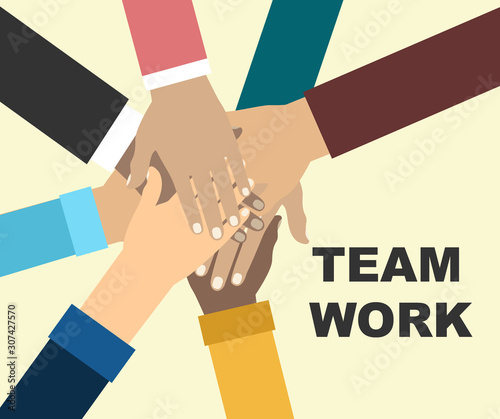 Young people putting their hands together. Friends with stack of hands showing unity and teamwork, top view. Vector flat illustration.