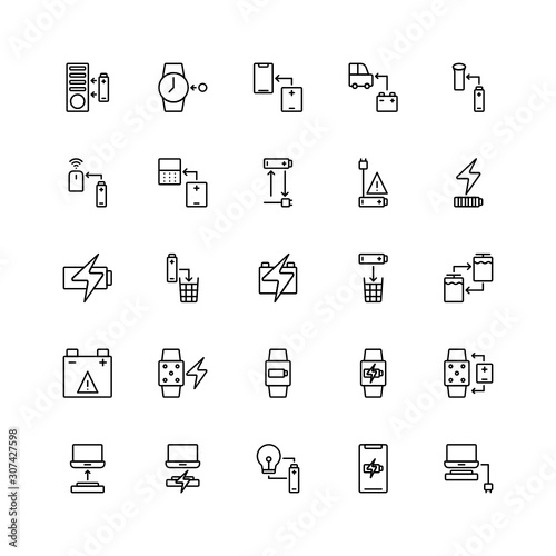 Set of battery use, electricity, outline style icon - vector