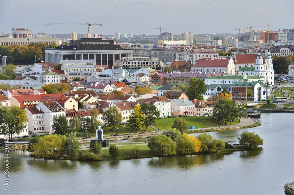 panorama of the city of Minsk and the island of tears