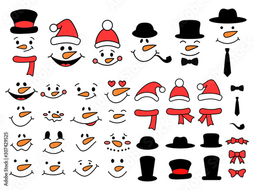 Cute snowman faces and accessories - vector collection. Snowman constructor - bundle. Snowman heads. Vector illustration isolated.