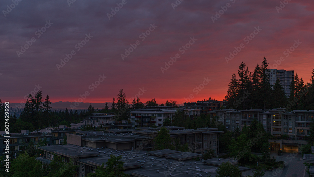 Spring sunset at UniverCity, a residential community on Burnaby Mountain