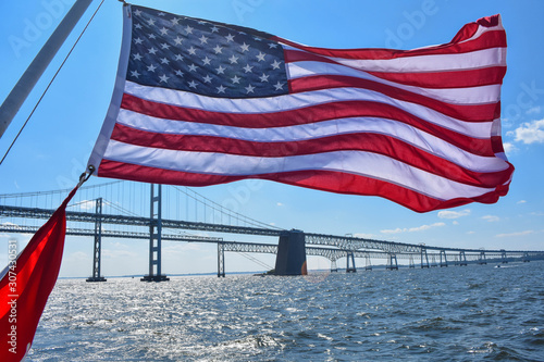 American Flag in Front of the Bay Bridge