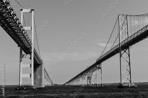 Between the Spans of the Chesapeake Bay Bridge in Black and White