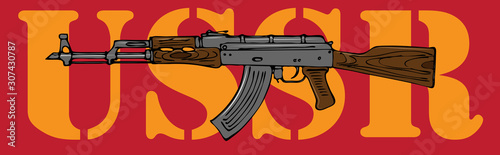 vector image of the Soviet assault rifle in the style of the communist propaganda poster of the USSR