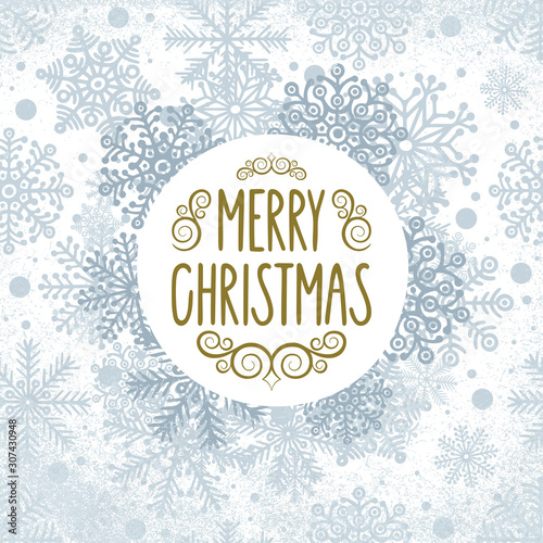 Merry Christmas. Christmas greeting with hand drawn snowflakes and frozen texture. Winter holidays vintage style sketch drawing greeting card design. Part of set.