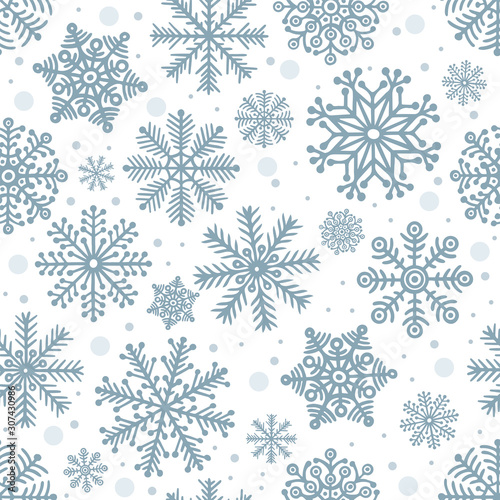 Snowflakes seamless background. Hand drawn different snowflakes endless frozen texture. Winter holidays hand dawn seamless pattern. Sketch drawing different snowflakes. Part of set.
