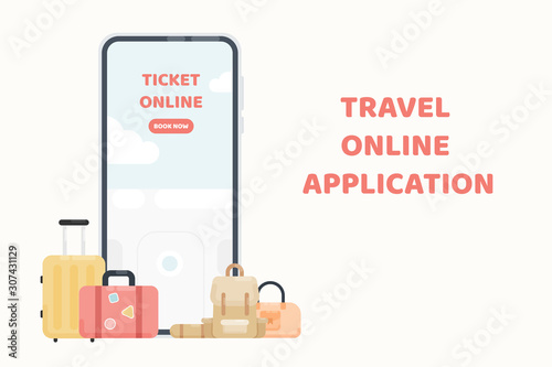 Travel online application or website. Vector smartphone app with travel luggage and airplane in flat style. Ticket booking online concept. Vector concept. 