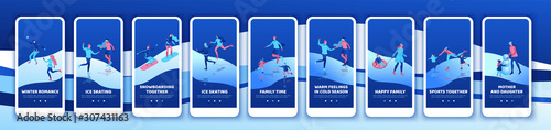 Winter sports mobile app template set, ski, snowboard,together, vertical layout, ui design, ice skating simple family, isometric minimal people illustration, vector winter sport, skating rink