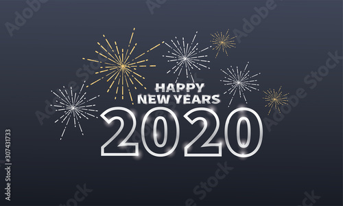 Happy new year 2020 Celebration design template , Elegant silver text . Minimalistic template Design for calendar, greeting cards or print
