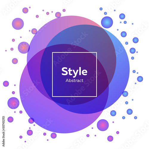Blue, purple, violet bright abstract circles. Regular geometric figures, abstract transparent elements, text sample in frame. Trendy design for posters, flyers, banners