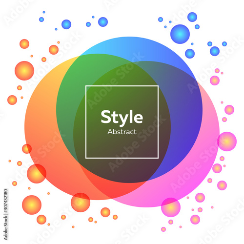 Orange, pink, blue bright abstract circles. Regular geometric figures, abstract transparent elements, text sample in frame. Trendy design for posters, flyers, banners