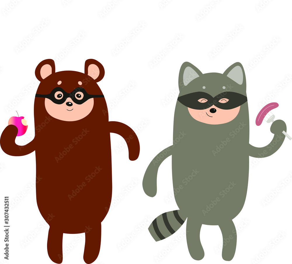 радостные Медведь и Енот в мультяшном стиле танцуют в масках.Персонажи едят снеки -  сосиску и яблоко. Векторная иллюстрация на цветном фоне. Фон оформлен на отдельном слое