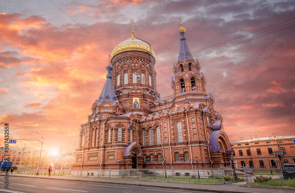 Church of the Epiphany on Gutuevsky island in Saint Petersburg, Russia at sunset. It was designed by Vasily Kosyakov and built in 1888.