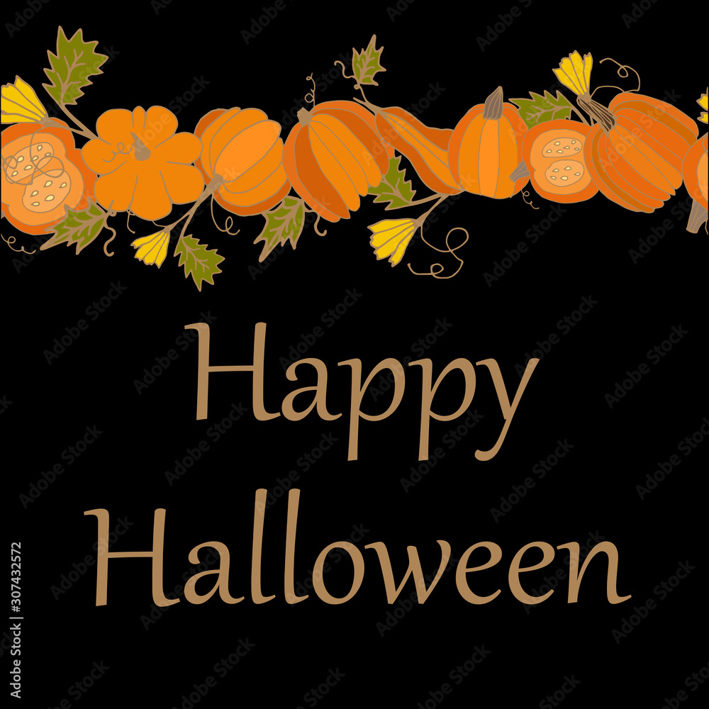 Greeting card from pumpkins on a black background with the inscription happy Halloween. The outline of the pumpkin is drawn by hand, placed at the top. Cartoon style vegetables. Greeting card from pumpkins on a black background with the inscription happy Halloween. The outline of the pumpkin is drawn by hand, placed at the top. Cartoon style vegetables.