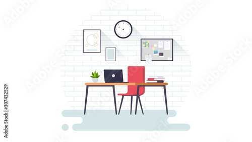 Vector Illustration Of Modern Office, Work Space Designed As Clean And Minimal Style