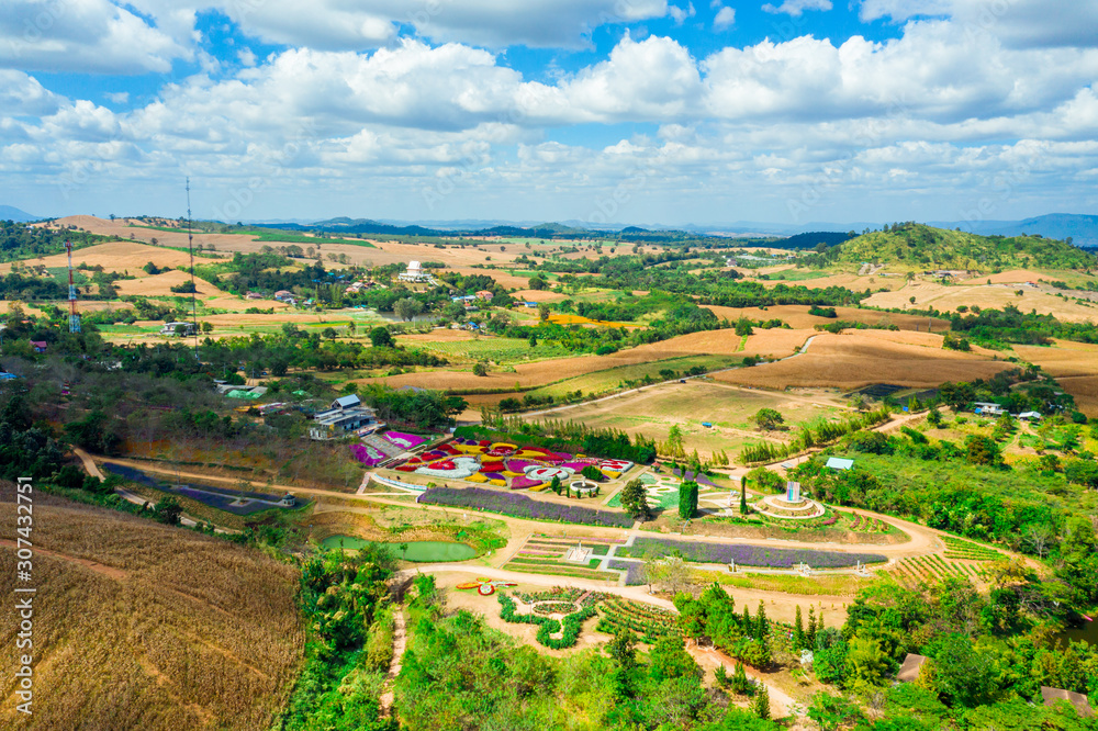 Aerial view landscape in Nakhon Ratchasima province, Thailand. Scenery consist of mountain and blue sky with clouds.