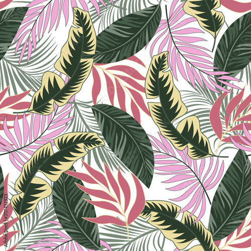 Fashionable seamless tropical pattern with hot pink and red plants and leaves on white background. Seamless pattern with colorful leaves and plants. Tropical botanical.