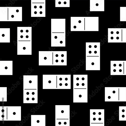 Dominoes. Monochromatic domino game pieces, cubes with black dot symbols, numbers one, two, four. Minimalist modern seamless pattern on dark black background