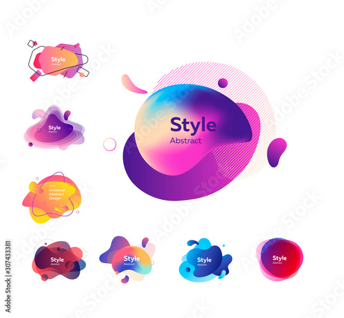 Set of colorful gradient abstract elements. Dynamical liquid shapes with sample text. Templates for presentations, banners, flyers and apps. Vector illustration