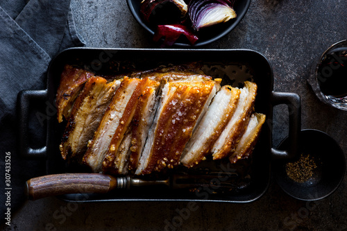 Close up of pork roast with crackling photo