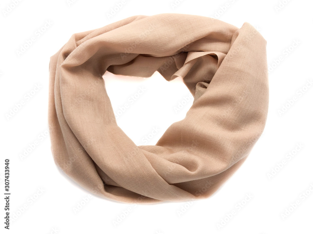 Brown scarf isolated on a white background. Thin women's scarf for the neck. Brown scarf isolated on a white background. Thin women's scarf for the neck.