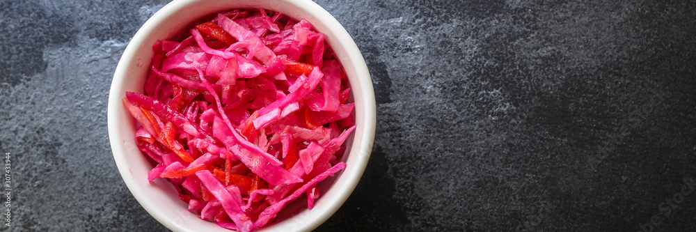 pickled cabbage with beets and vegetables (appetizer vegetables, snack) menu concept. food background. top view. copy space