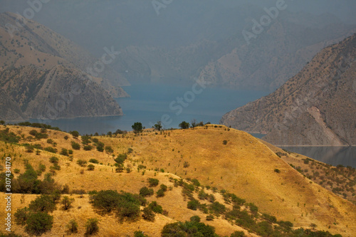 Tajikistan. Pamir tract, the reservoir of the famous Nurek hydroelectric power station on the Vakhsh river (the height of the dam is 300 m), built in the Soviet Union in 1972.