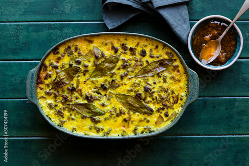 South African Bobotie dish curried ground beef baked with a rich savory custard