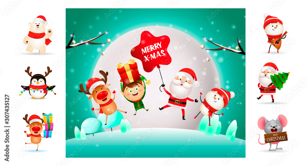 Happy Christmas cartoon characters jumping outdoors. Can be used for invitation and greeting card. New Year concept