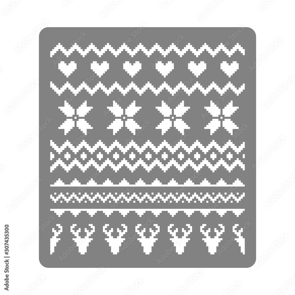 Stencil for painting with nordic traditional seamless pattern. Norway Christmas sweater with deers, hearts and snowflakes - vector stencil template. Hygge. Scandinavian winter pattern