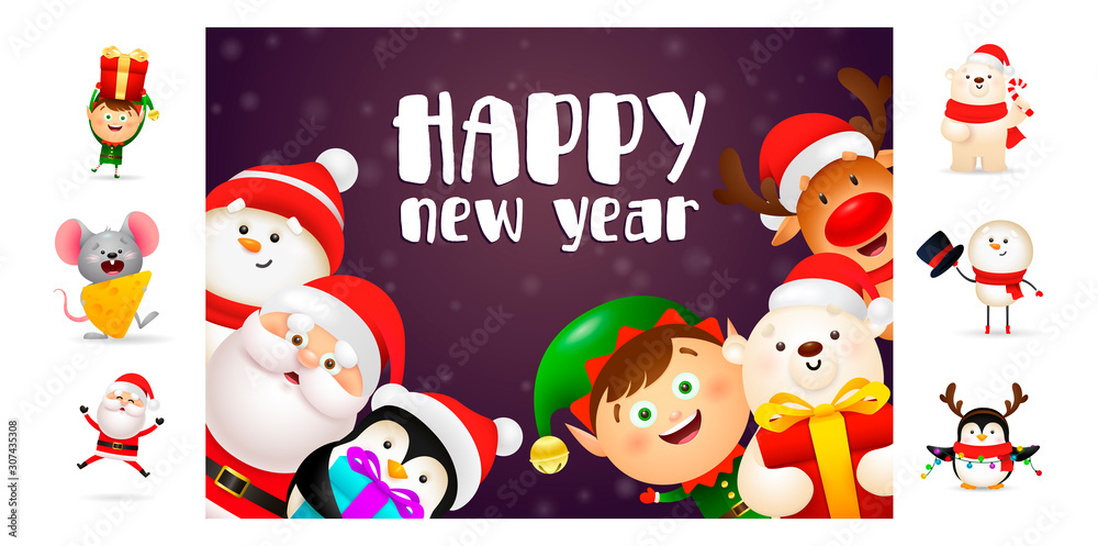 Happy New Year banner with smiling cartoon characters. Text with decorations can be used for invitation and greeting card. New Year concept