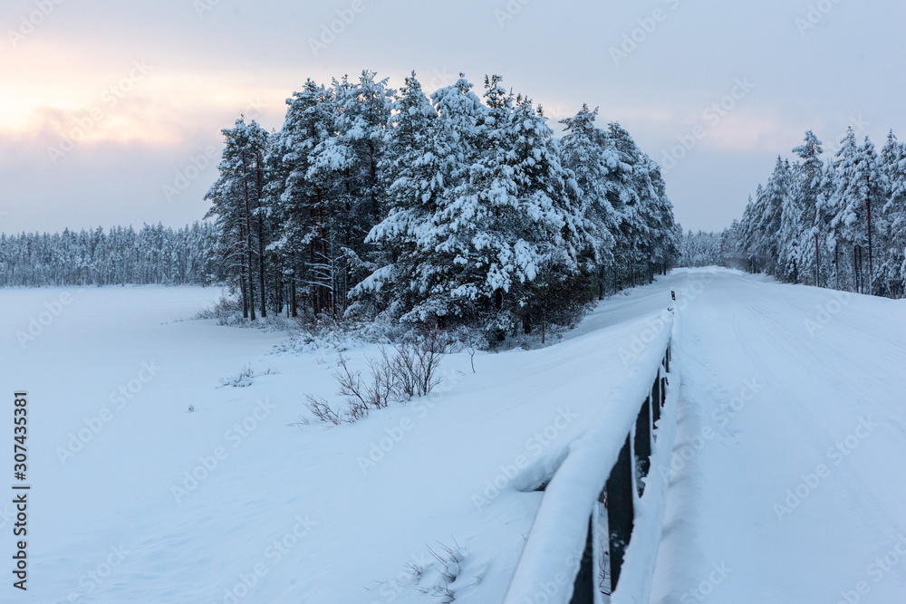 Road in snowy winter Lapland in the evening, Rovaniemi, Finland