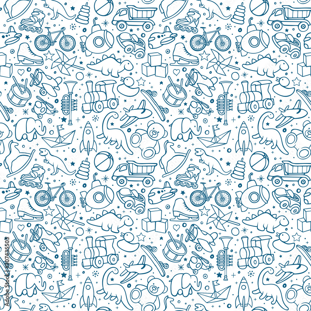 Obraz premium Toys hand drawn seamless pattern. Toys endless sketch drawing texture. Childish background. Part of set.