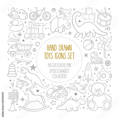 Toys collection. Hand drawn toy icons set and hand lettering alphabet with numbers. Part of set. 