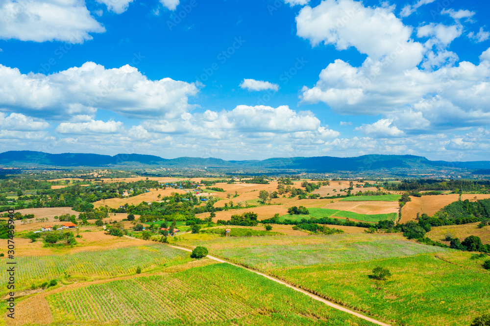 Aerial view landscape in Nakhon Ratchasima province, Thailand. Scenery consist of mountain and blue sky with clouds.