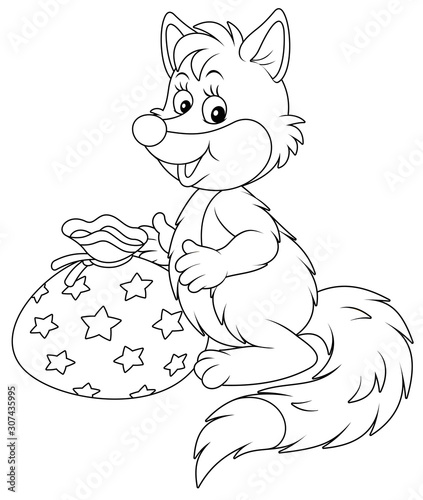 Cute fox holding a beautiful bag with a holiday gift, black and white outline vector cartoon illustration for a coloring book page