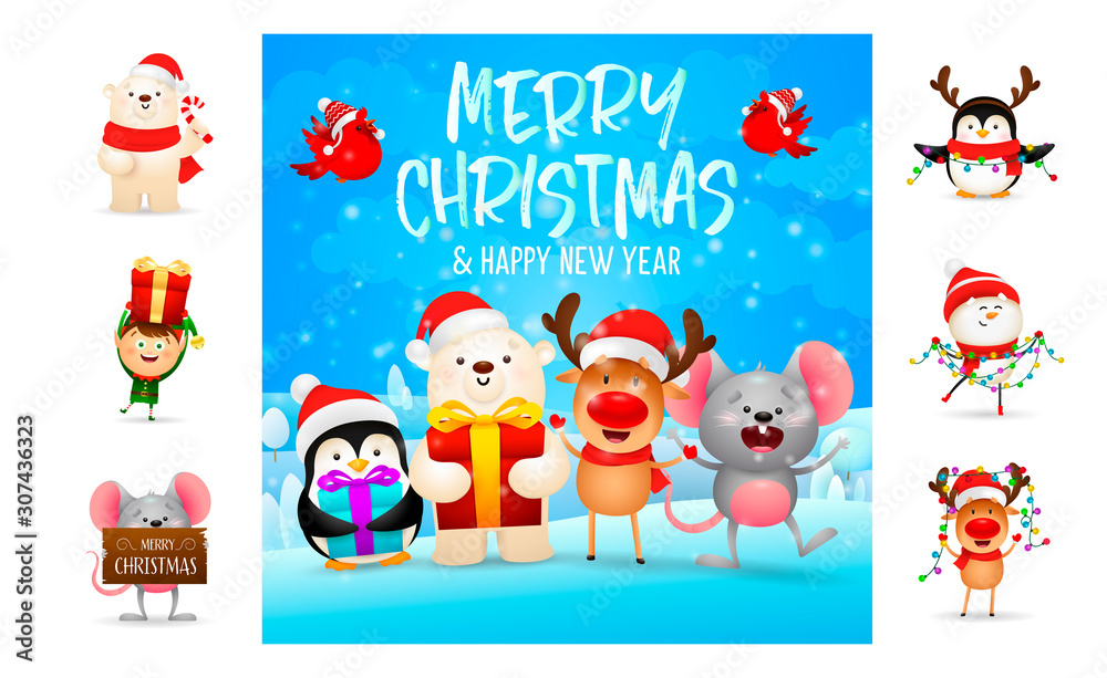 Fototapeta premium Merry Christmas and happy New Year beautiful banner. Text with decorations can be used for invitation and greeting card. New Year concept