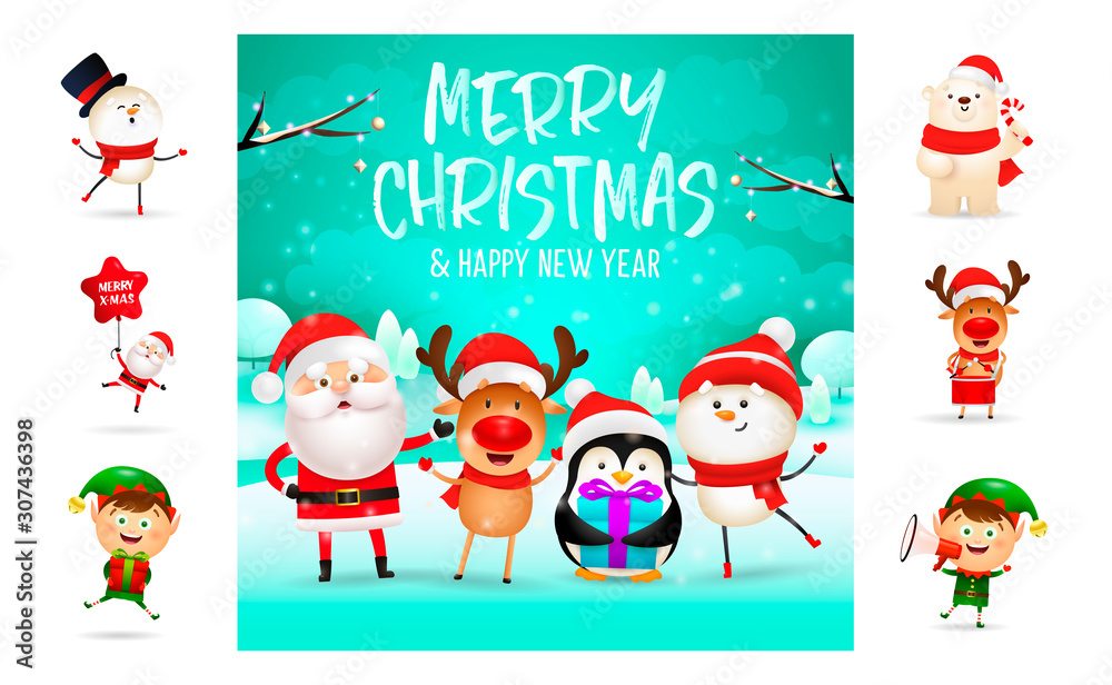 Fototapeta premium Merry Christmas and happy New Year beautiful postcard. Text with decorations can be used for invitation and greeting card. New Year concept