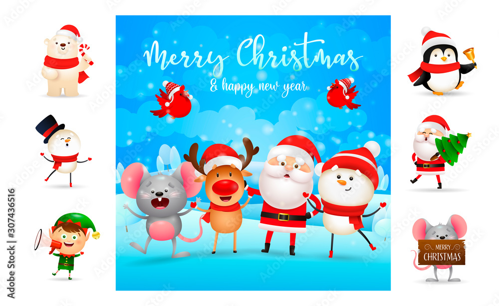 Merry Christmas and happy New Year bright banner. Text with decorations can be used for invitation and greeting card. New Year concept Merry Christmas and happy New Year bright banner. Text with decorations can be used for invitation and greeting card. New Year concept